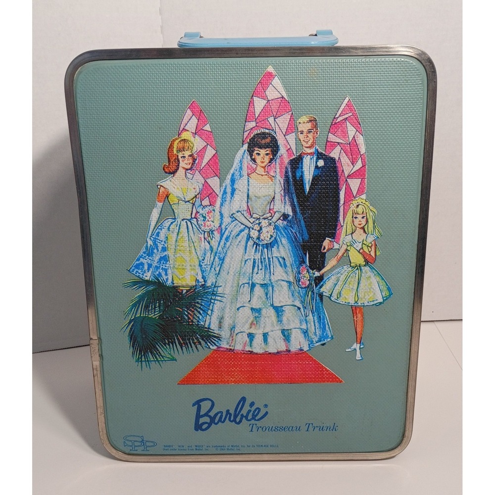 Vtg Mattel 1964 Barbie Ken Midge Blue Wedding Trousseau Doll Trunk Case W/Hanger